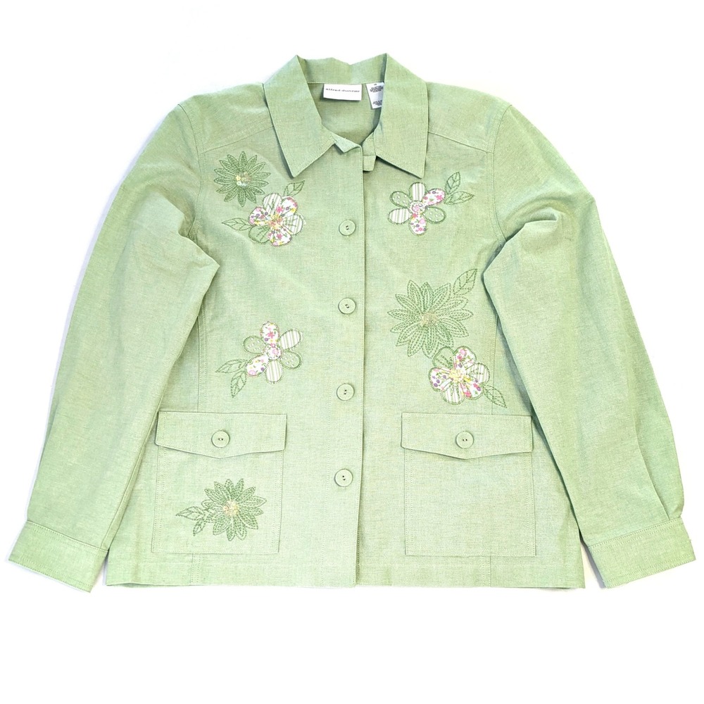 Alfred Dunner Light Green Floral Embroidered Sequin Button Up Shirt Size 10